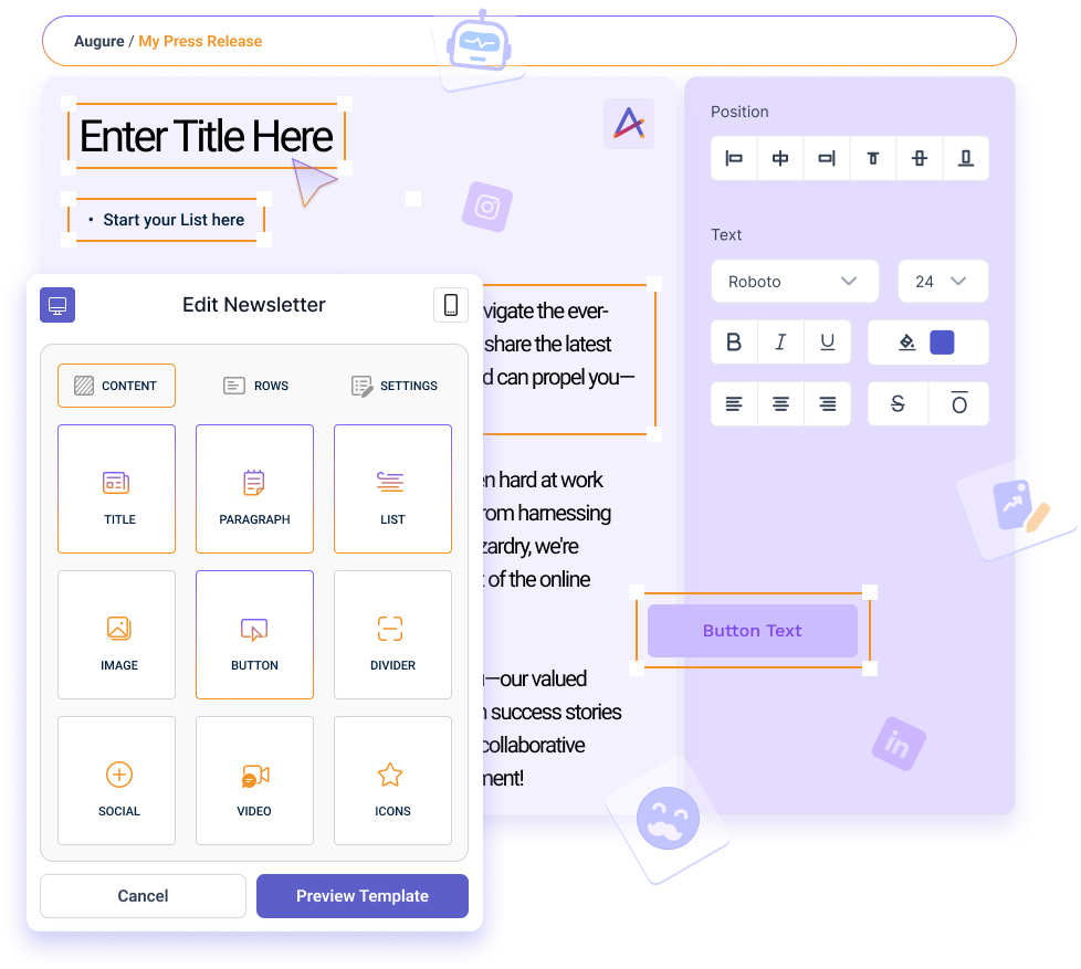 User-friendly interface of Augure's Effortless Press Release Creation tool, featuring a drag-and-drop editor for PR professionals.